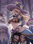  arms_behind_back backlighting bandeau bangs bare_shoulders beatrix_(granblue_fantasy) black_legwear black_ribbon breasts brown_eyes brown_hair chestnut_mouth cleavage commentary_request cowboy_shot detached_sleeves granblue_fantasy halloween_costume hat jack-o'-lantern jonylaser large_breasts long_hair looking_at_viewer midriff navel open_mouth ribbon skirt strapless thighhighs underboob witch_hat 