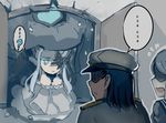  1boy 2girls ? abyssal_admiral_(kantai_collection) abyssal_jellyfish_hime black_hair blue_eyes breasts cleavage comic dress epaulettes frilled_dress frills grey_hair hat hidden_eyes kantai_collection large_breasts long_hair military military_uniform multiple_girls one_eye_covered open_mouth peaked_cap sailor_collar sailor_shirt shaded_face shinkaisei-kan shirt spoken_ellipsis spoken_question_mark surprised ta-class_battleship uniform walzrj window 