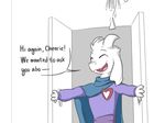  &lt;3 asriel_dreemurr boss_monster cape clothing dialogue doorway dreemurr_reborn english_text eyes_closed fur horn lalieri long_ears open_mouth smile solo text undertale video_games white_fur 