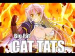  animal_humanoid big_breasts black_border border braided_hair breasts cape cat_humanoid cleavage clothed clothing english_text explosion feline fist_up hair humanoid image_macro looking_at_viewer mammal nipple_slip purple_hair smile teeth text unknown_artist yellow_eyes 