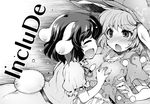  animal_ears blush breast_grab breasts bunny_ears bunny_tail closed_eyes dress fang full-face_blush fuurisuto grabbing greyscale hat highres inaba_tewi large_breasts midriff monochrome multiple_girls navel open_mouth ringo_(touhou) shirt short_hair smile tail touhou 