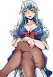  bad_leg bangs blue_dress blue_hair breasts cleavage crossed_legs dress eyebrows_visible_through_hair hand_on_own_knee head_tilt heiseikorotaisei kamishirasawa_keine large_breasts layered_dress long_hair looking_at_viewer multicolored_hair one_eye_closed open_mouth pantyhose puffy_short_sleeves puffy_sleeves red_eyes short_sleeves simple_background sitting sleeveless sleeveless_dress smile solo thighband_pantyhose touhou two-tone_hair white_background 