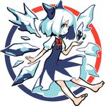  barefoot blue_eyes blue_hair bow bowtie cirno dress frozen_frog full_body hair_bow hexed ice ice_wings looking_at_viewer puffy_short_sleeves puffy_sleeves short_sleeves solo touhou white_background wings 