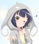  ;q animal_hood bangs blue_hair blush bunny_hood character_hood collarbone gochuumon_wa_usagi_desu_ka? grey_hoodie highres hood jouga_maya looking_at_viewer one_eye_closed pom_pom_(clothes) red_star_(toranecomet) shirt short_hair solo star tongue tongue_out two-tone_background upper_body wild_geese yellow_eyes yellow_shirt 