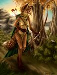  2016 anthro arrow blackfury bow_(weapon) breasts canine clothing day detailed_background digital_media_(artwork) ear_tuft female fox fur grass hair mammal nude outside quiver ranged_weapon sky solo tanukiri tree tuft water weapon yellow_eyes 