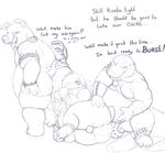  2015 anthro backsack balls bdsm boar bondage bound butt cleaver clothed clothing coast_(artist) crocodile crocodilian cum cum_on_butt dialogue drooling english_text fan_character fisting group looking_back male male/male mammal mario_bros melee_weapon monochrome nintendo open_mouth overweight porcine reptile saliva scalie sketch sweat text tongue tongue_out video_games weapon yoshi 