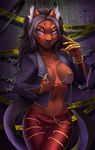  2016 anthro areola breasts brown_fur claws clothed clothing english_text feline female fur hi_res jacket looking_at_viewer mammal navel nipple_chain nipples pants partially_clothed purple_eyes purple_nipples smile solo sorafoxyteils text 