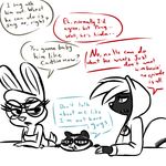  2016 anthro claws clothed clothing crossed_arms cute_fangs dialogue disney english_text eyewear fan_character female glasses group hoodie hugh_muskroura inkyfrog lagomorph male mammal maxine_d&#039;lapin mustelid percy_vison polecat rabbit restricted_palette simple_background skunk text white_background zootopia 