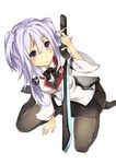  aria_(schwarza97rw0rd) blush gakusen_toshi_asterisk highres long_hair pantyhose purple_eyes purple_hair school_uniform solo sword toudou_kirin two_side_up weapon 