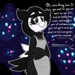  anthro apron avian beak black_eyes black_feathers black_hair black_sclera blush cave cheerie clothing dialogue dreemurr_reborn dsp2003 english_text eyelashes feathers female frown hair humor solo_focus speech_bubble text undertale unseen_character video_games 
