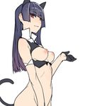  animal_ears ban black_gloves black_hair bottomless breasts breasts_outside cat_ears cat_tail cleavage gloves highres hime_cut long_hair looking_at_viewer medium_breasts navel original red_eyes simple_background smile solo tail white_background 