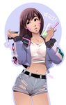  artist_name asian belt breasts brown_eyes brown_hair bubble_tea casual cellphone cellphone_charm clothes_writing collarbone contrapposto cowboy_shot crop_top cropped_jacket cup d.va_(overwatch) denim drinking_straw facepaint facial_mark holding jacket korean logo long_hair long_sleeves looking_at_viewer looking_to_the_side midriff mike_nesbitt navel no_headwear overwatch parted_lips phone shirt short_shorts shorts sideways_glance signature simple_background small_breasts smartphone solo standing track_jacket translated unzipped whisker_markings white_background white_shirt zipper 