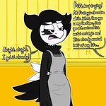  annoyed anthro apron avian beak black_eyes black_feathers black_hair black_sclera blush cheerie clothing dialogue dreemurr_reborn dsp2003 english_text eyelashes feathers female frown hair half-closed_eyes humor open_mouth solo_focus speech_bubble text undertale unseen_character video_games 