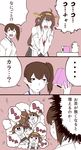  2girls :d ahoge asphyxiation brown_hair can choking clone comic commentary detached_sleeves double_bun hairband ishii_hisao japanese_clothes kaga_(kantai_collection) kantai_collection kongou_(kantai_collection) long_hair multiple_girls nontraditional_miko open_mouth pleated_skirt side_ponytail skirt smile sweat teapot transformation translated visible_air 