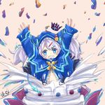  artist_request blue_eyes cake chiliarch_(elsword) crown demon_tail elsword fang fang_out food hair_ornament hairpin highres hood hooded_jacket hoodie horns jacket long_hair luciela_r._sourcream pointy_ears simple_background solo sparkling_eyes tail twintails white_hair 
