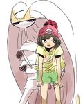 antennae bad_id bad_twitter_id bangs bare_arms beanie bent_over black_hair bug cockroach floral_print gen_7_pokemon grabbing grabbing_from_behind green_shorts hat insect leaning_forward legendary_pokemon looking_away looking_to_the_side mizuki_(pokemon) no_nose open_mouth pheromosa pleo pokemon pokemon_(creature) pokemon_(game) pokemon_sm red_hat short_hair short_sleeves shorts simple_background swept_bangs teeth tiara ultra_beast white_background 