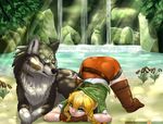  2016 ambiguous_gender ass_up blonde_hair blue_eyes boots brown_fur canine clothed clothing duo english_text female feral footwear forest fur gloves hair humanoid lake legwear link_(wolf_form) linkle looking_at_viewer mammal nintendo nude patreon rika rock text the_legend_of_zelda tree video_games waterfall wolf 