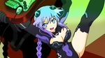  blue_eyes braid breasts cleavage cleavage_cutout gloves guitar hair_ornament instrument leotard long_hair looking_at_viewer mizukagi_yakuhina neptune_(choujigen_game_neptune) neptune_(series) open_mouth purple_hair purple_heart solo symbol-shaped_pupils twin_braids very_long_hair 