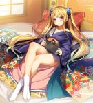 1girl :o bangs bare_legs bare_shoulders blonde_hair blue_flower blue_kimono blue_ribbon blush collarbone commentary_request day eyebrows_visible_through_hair floral_print flower furisode hair_flower hair_ornament hair_ribbon head_tilt highres holding indoors japanese_clothes kimono legs_crossed light_particles long_hair long_sleeves looking_at_viewer nintendo_switch no_shoes obi off_shoulder original parted_lips pillow print_kimono purple_eyes reclining ribbon sash sidelocks socks solo striped striped_ribbon thighs twintails very_long_hair white_legwear wide_sleeves window yuuki_yuu 