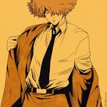  3mm afro belt cowboy_shot dress_shirt dressing formal gintama hair_over_one_eye male_focus monochrome necktie orange_(color) parody shimaru_saitou shirt solo suit twitter_username 