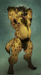  2016 amber_eyes anthro armpit_hair armpits arthropod balls biceps black_fur black_nipples black_nose black_penis body_hair brown_fur chest_hair chumbasket claws digitigrade eyebrows fly fur gnoll grin half-erect happy_trail hi_res humanoid_penis hyena insect leaking looking_at_viewer male mammal musclegut muscular muscular_male nipples penis precum pubes saggy_balls simple_background soft_focus solo spotted_hyena teeth tongue tongue_out uncut 