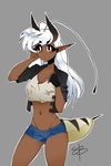  antennae arthropod bee bee_girl clothing curves female grey_background hair horn hornet hornet_girl horny humanoid insect pinup pointy_ears pose sheepish shorts simple_background solo tanned thong voluptuous wasp wasp_girl white_hair 