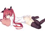  aria_(schwarza97rw0rd) breasts date_a_live food hair_ornament highres itsuka_kotori long_hair looking_at_viewer lying on_stomach pillow red_eyes red_hair ribbon solo thighhighs twintails 