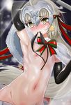  armpits bikini_top_removed black_gloves blonde_hair blush breasts capelet elbow_gloves fate/grand_order fate_(series) gloves highres jeanne_d'arc_(fate)_(all) jeanne_d'arc_alter_santa_lily looking_at_viewer mouth_hold naked_capelet nipples nonoririn small_breasts solo yellow_eyes 