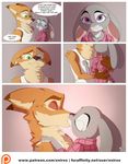  2016 4_fingers anthro better_version_at_source canine claws clothed clothing comic dialogue digital_media_(artwork) disney duo english_text eyes_closed female fox fur green_eyes judy_hopps kissing lagomorph male male/female mammal nick_wilde patreon purple_eyes rabbit romantic_couple simple_background smile speech_bubble text xnirox zootopia 