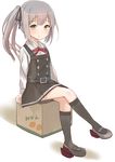  absurdres black_legwear bow bowtie box brown_hair cardboard_box commentary crossed_legs grey_hair highres kantai_collection kasumi_(kantai_collection) kneehighs long_hair long_sleeves mary_janes mikan_box natsu_(sinker8c) on_box remodel_(kantai_collection) school_uniform shoes side_ponytail sitting sitting_on_box solo translated 