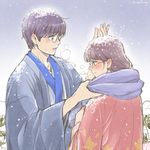  1girl 3mm bag black_hair breath extra gintama glasses handbag hanten_(clothes) japanese_clothes kirara_(gintama) looking_at_another looking_down lowres open_mouth purple_hair scarf shimura_shinpachi smile snow twitter_username winter_clothes 