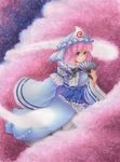  absurdres blush cherry_blossoms colored_pencil_(medium) commentary_request crayon_(medium) dress fan flying folding_fan graphite_(medium) hat highres hitodama looking_at_viewer mi-ko mob_cap paper_fan pink_eyes pink_hair saigyouji_yuyuko sash short_hair sleeves_past_wrists smile solo touhou traditional_media triangular_headpiece veil wide_sleeves 