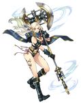  axe blonde_hair boots breasts cleavage earrings facial_mark feathers fingerless_gloves floating_hair full_body ginny gloves hair_feathers highres holding holding_axe huge_weapon jewelry large_breasts long_hair navel official_art royal_flash_heroes scarf solo tattoo transparent_background weapon yellow_eyes 