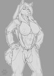  2016 abs anthro areola bottomless breasts canine clothed clothing dog_tags elnora fasttrack37d female hands_on_hips hoodie looking_at_viewer mammal mass_effect monochrome n7 nipples piercing pose pussy solo standing video_games wolf 