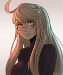  ahoge alma_(va-11_hall-a) artist_name bangs black_sweater blonde_hair blush breasts brown_eyes closed_mouth glasses gradient gradient_background head_tilt koyorin long_hair looking_away looking_over_eyewear looking_up medium_breasts over-rim_eyewear red-framed_eyewear semi-rimless_eyewear smile solo sweater swept_bangs turtleneck upper_body va-11_hall-a 