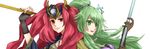  2girls back_to_back brown_gloves dance_princess_of_the_nekroz duel_monster fingerless_gloves gishki_emilia gloves green_eyebrows green_hair hair_ornament long_hair long_sleeves mirror multiple_girls red_eyebrows red_hair spiritual_beast_tamer_winda staff white_background winda_priestess_of_gusto yu-gi-oh! yuu-gi-ou_duel_monsters 