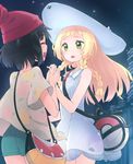  bag black_hair blonde_hair dress flustered green_eyes hat holding_hands homura_subaru lillie_(pokemon) long_hair mizuki_(pokemon) multiple_girls night night_sky pokemon pokemon_(game) pokemon_sm short_hair sky smile sun_hat sundress yuri 