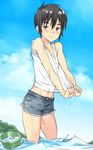  black_eyes black_hair blue_sky blush bucket coin_rand cutoffs day looking_at_viewer male_focus navel original otoko_no_ko outdoors parted_lips sky solo water 