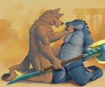  4_fingers ambiguous_gender black_nose brown_fur canine claws crocodile crocodilian fur huka kneeling male male/ambiguous mammal melee_weapon muscular open_mouth pawpads polearm red_eyes reptile scalie simple_background tagme weapon wolf 