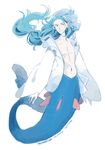  2016 blue_eyes blue_hair character_name dated dc9spot floating_hair gen_7_pokemon highres long_hair male_focus merman monster_boy personification pokemon ponytail primarina signature simple_background smile solo starfish_hair_ornament very_long_hair white_background 