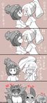  4koma beanie blush braid closed_eyes comic commentary_request cosmog covering_eyes eromame french_braid full-face_blush gen_1_pokemon gen_7_pokemon hands_on_another's_shoulders hands_on_own_chest hat heart highres imminent_kiss incineroar lillie_(pokemon) mizuki_(pokemon) multiple_girls pokemon pokemon_(creature) pokemon_(game) pokemon_sm ponytail raichu shoulder_grab sparkle spoilers sweat translated yuri 