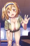  areola_slip areolae bangs bent_over blonde_hair blush breasts cleavage cleavage_cutout couch danbo_(rock_clime) hairband hand_up highres i-26_(kantai_collection) kantai_collection large_breasts leaning_forward light_brown_eyes light_brown_hair long_hair looking_at_viewer naked_coat no_bra open_mouth puffy_nipples sailor_collar short_sleeves smile solo two_side_up yellow_eyes 
