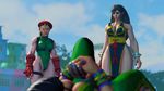  3d 3girls breasts cammy_white chun-li cleavage female hat large_breasts laura_matsuda leotard multiple_girls muscle nature outdoors plant sky street_fighter thick_thighs 