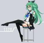  adjusting_clothes adjusting_legwear annoyed aqua_eyes aqua_hair bangs bare_shoulders black_legwear black_ribbon black_skirt blue_neckwear breasts commentary_request cross-counter_(screw_upper) detached_sleeves dress from_side hair_between_eyes hair_ornament hair_ribbon hairclip kantai_collection leg_lift long_hair looking_at_viewer medium_breasts messy_hair miniskirt no_shoes parted_bangs pleated_skirt ponytail pouty_lips ribbon sitting skirt sleeveless sleeveless_dress solo thighhighs thighs wide_sleeves yamakaze_(kantai_collection) 