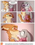  2016 4_fingers anthro canine claws clothed clothing comic dialogue digital_media_(artwork) disney duo english_text eyes_closed female fox fur green_eyes judy_hopps kissing lagomorph male male/female mammal nick_wilde patreon purple_eyes rabbit romantic_couple simple_background smile speech_bubble text xnirox zootopia 