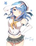  blue_eyes blue_hair breasts double_bun elbow_gloves gloves harusawa hat kantai_collection large_breasts neckerchief one_eye_closed pleated_skirt sailor_hat school_uniform serafuku skirt sleeves_rolled_up solo star urakaze_(kantai_collection) white_hat yellow_neckwear 
