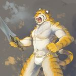  5_fingers anthro bulge claws clothing feline fundoshi fur huka japanese_clothing male mammal melee_weapon muscular navel open_mouth simple_background slit_pupils solo sword tan_fur teeth tiger underwear weapon whiskers yellow_fur 