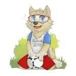  2016 4_fingers 4_toes ball black_nose blue_eyes canine clothing eyewear fifa fur goggles huka kneeling male mammal open_mouth shirt shorts simple_background soccer_ball solo t-shirt tan_fur toes wolf zabivaka 
