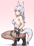  animal_ears black_gloves black_legwear blue_eyes blue_hair blush breasts covered_nipples fox_ears fox_tail gloves hand_on_ass heart high_heels kageshio_(276006) leotard long_hair looking_at_viewer medium_breasts original pantyhose playboy_bunny_leotard sekka_(kageshio) smile solo spoken_heart squatting tail thighband_pantyhose wrist_cuffs 