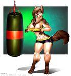  2016 anthro areola barefoot big_breasts blue_eyes breasts brown_fur brown_hair canine claws clothed clothing english_text female fur hair huge_breasts long_hair mammal navel nipples pink_nipples punching_bag smile solo text thunder-renamon toe_claws undressing wide_hips 